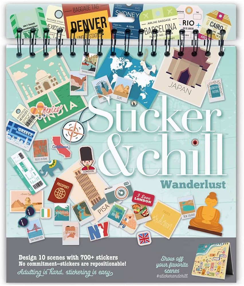 Sticker chill sticker book for adults â repositionable colorful clings create designs on spiral bound scene pages â easy fun stress relieving relaxation activity â wanderlust series toys games