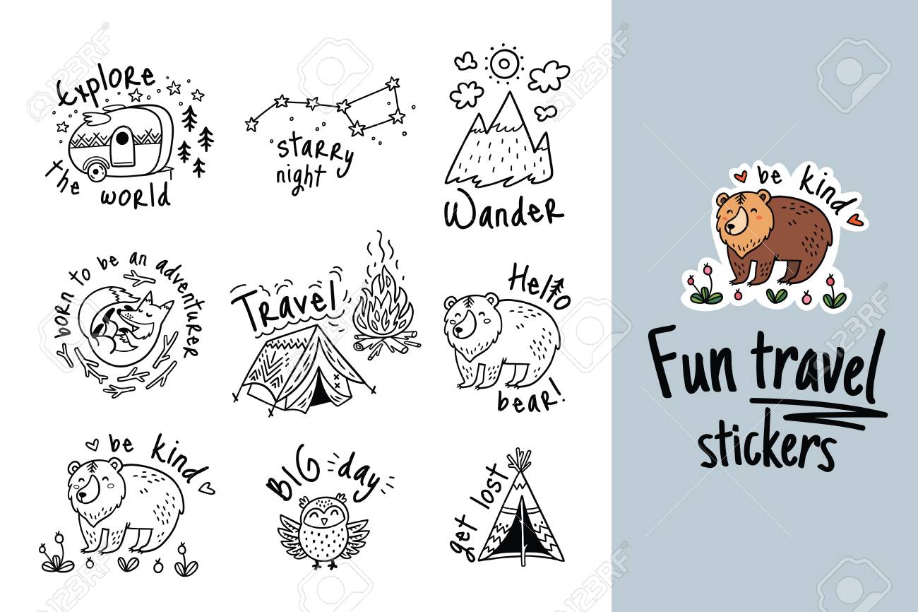 Fun travel stickers and patches for big adventures in ink style isolated vector illustrations for camping and outdoors ideal for coloring print royalty free svg cliparts vectors and stock illustration image