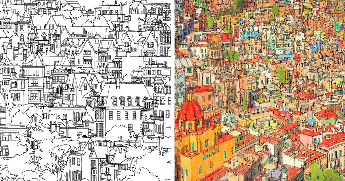Highly detailed coloring book for adults features famous world cities bored panda