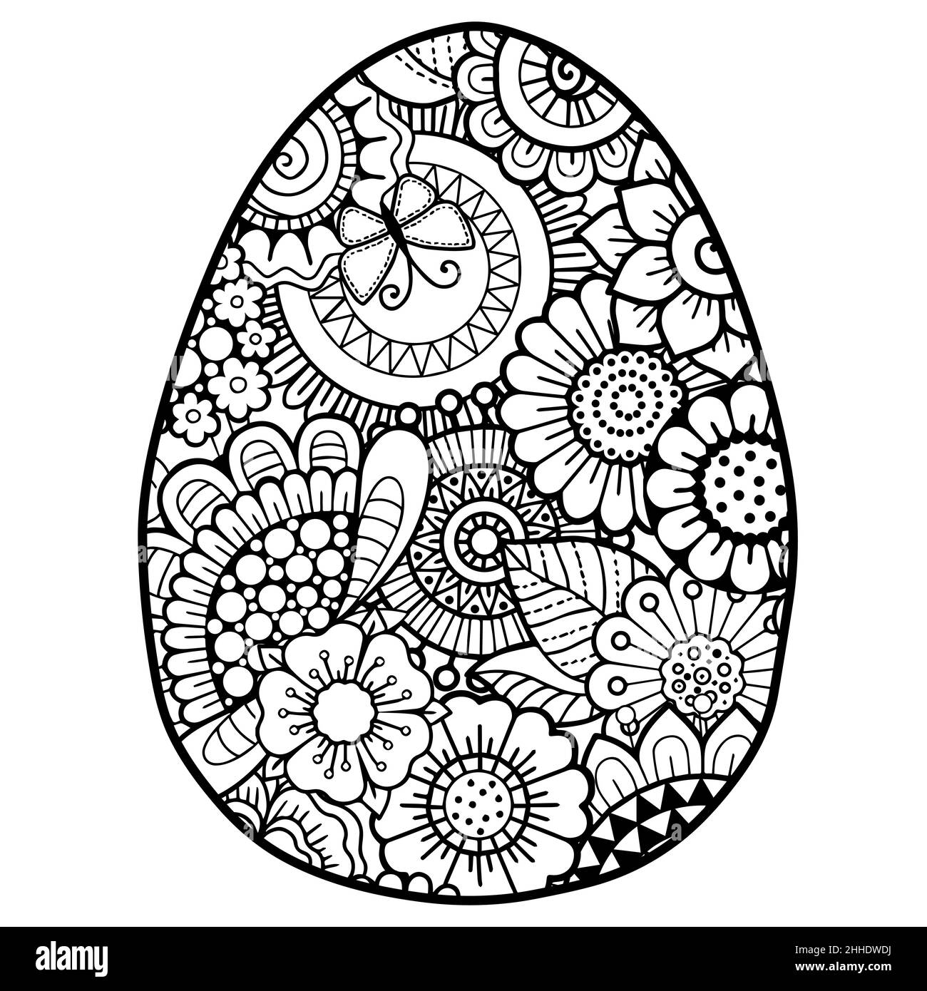 Vector coloring book page for adults coloring black contour detailed easter egg in mandala style on white background stock vector image art