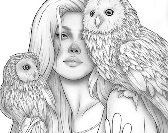 Adult coloring page fantasy girl owls portrait