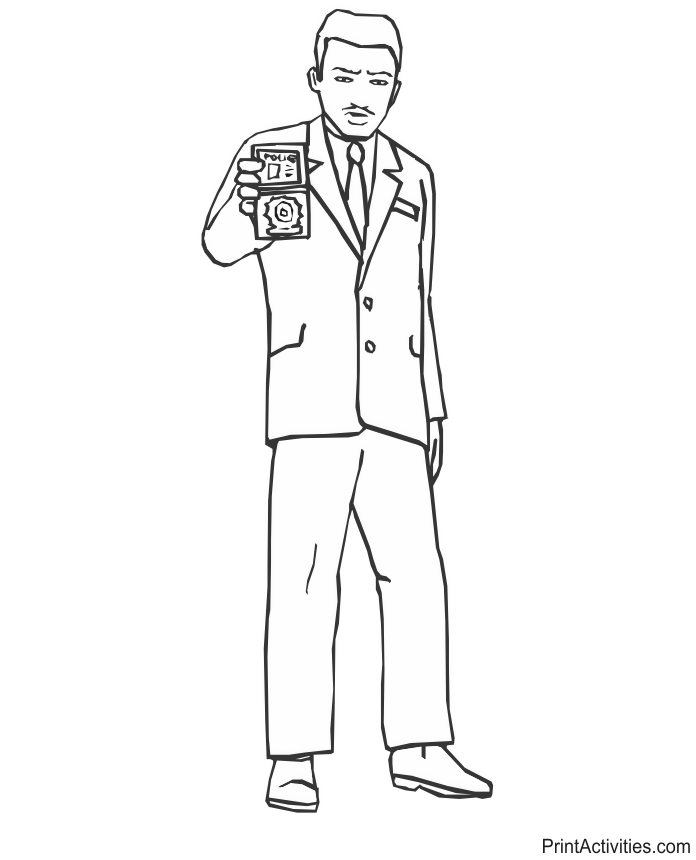 Police detective coloring page showing his badge