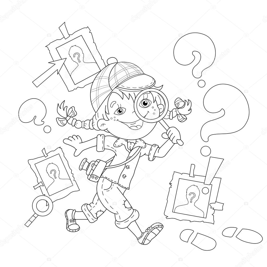 Coloring page outline of cartoon girl detective with loupe stock vector by oleon