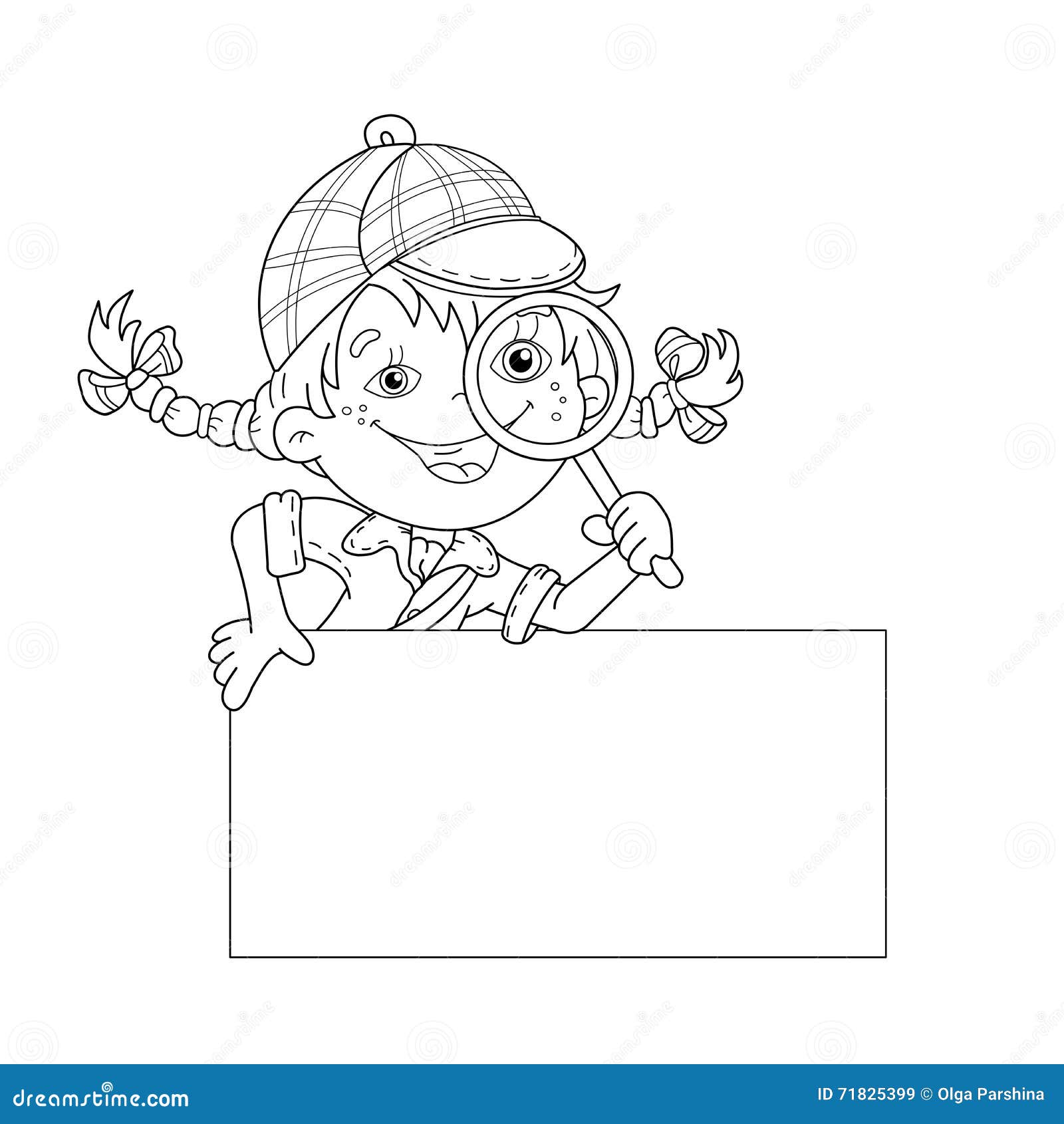 Coloring page outline of cartoon girl detective with loupe stock vector