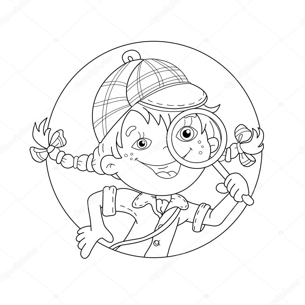 Coloring page outline of cartoon girl detective with loupe stock vector by oleon