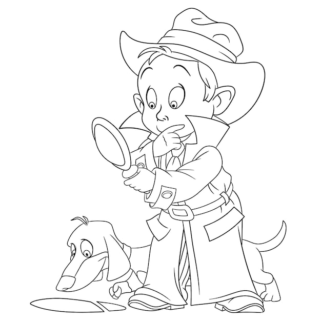 Premium vector cute young detective with a dog cartoon coloring book page for kids