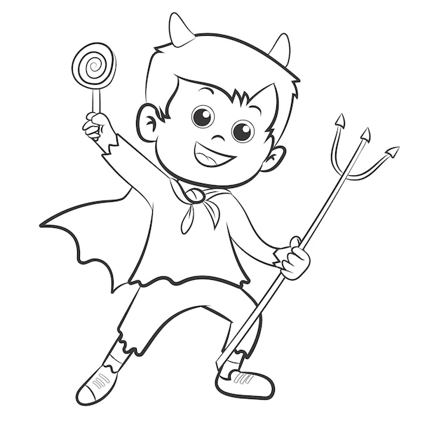 Premium vector coloring pages or books for kids cute little kid wears devil costume halloween celebrate