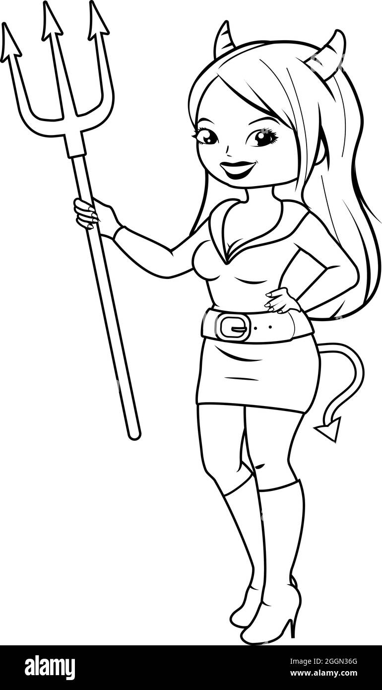 Woman in a halloween devil costume vector black and white coloring page stock vector image art