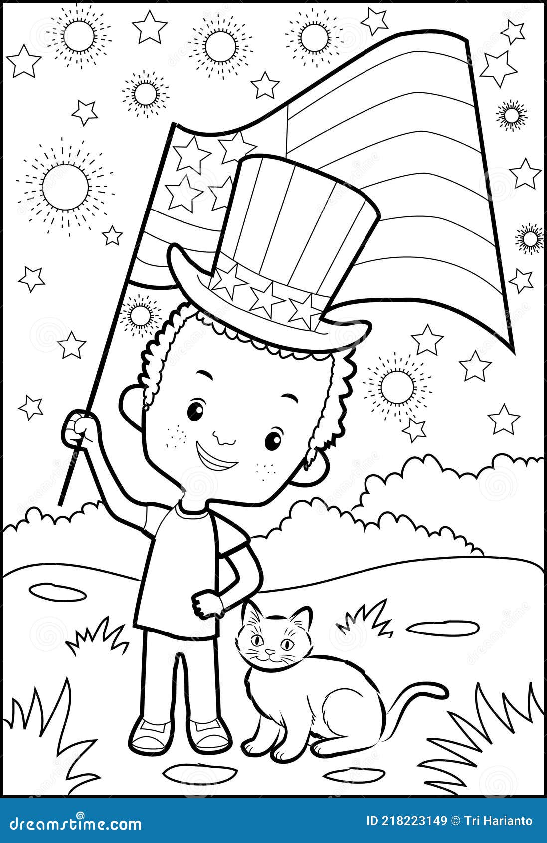 A child in a long hat raises a flag independence day coloring page stock illustration