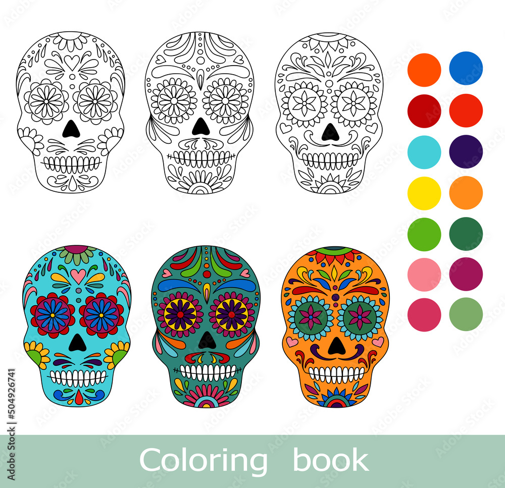 Day of the dead sugar skull isolated dia de los muertos coloring book page day of the dead and mexican halloween mexican tradition festival dia de los muertos tattoo skulls set