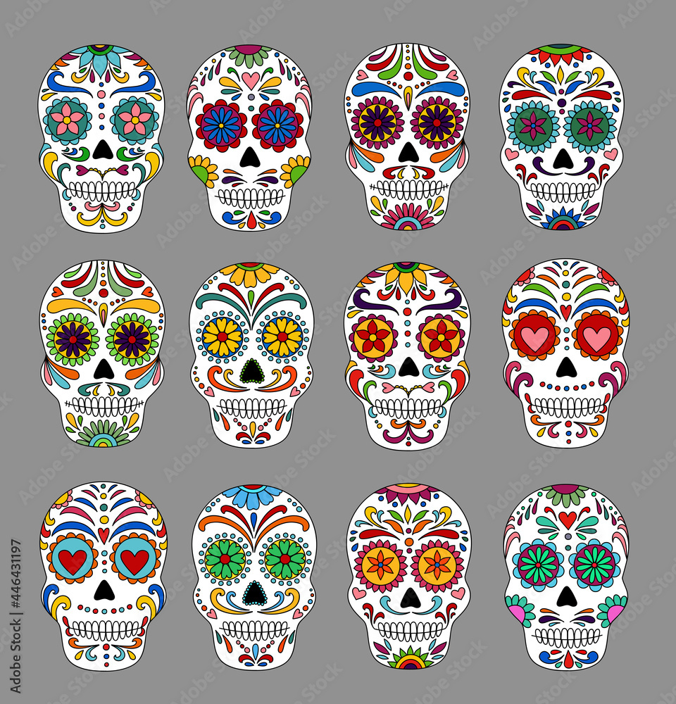 Day of the dead sugar skull isolated dia de los muertos coloring book page day of the dead and mexican halloween mexican tradition festival dia de los muertos tattoo skulls set vector
