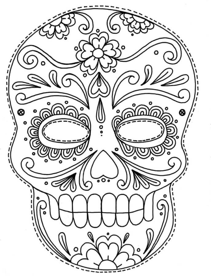 Painted skull with patterns and flowers coloring page