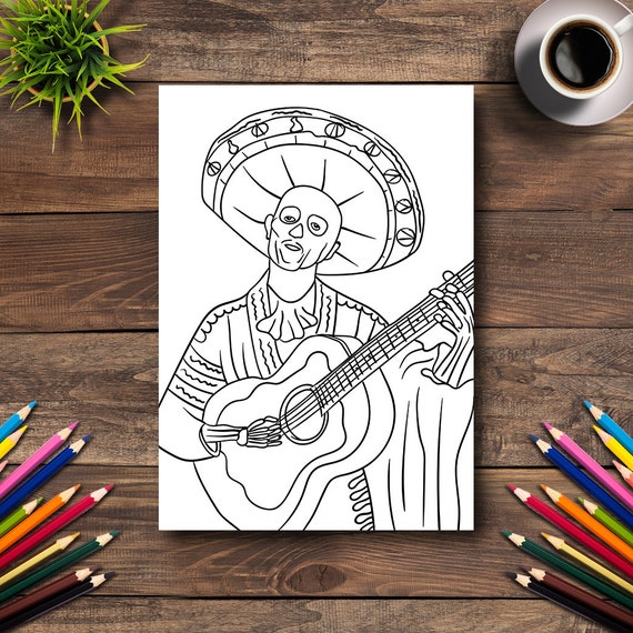 Day of the dead coloring page digital printable pdf illustration dia de los muertos art adult coloring books mexican guitar player