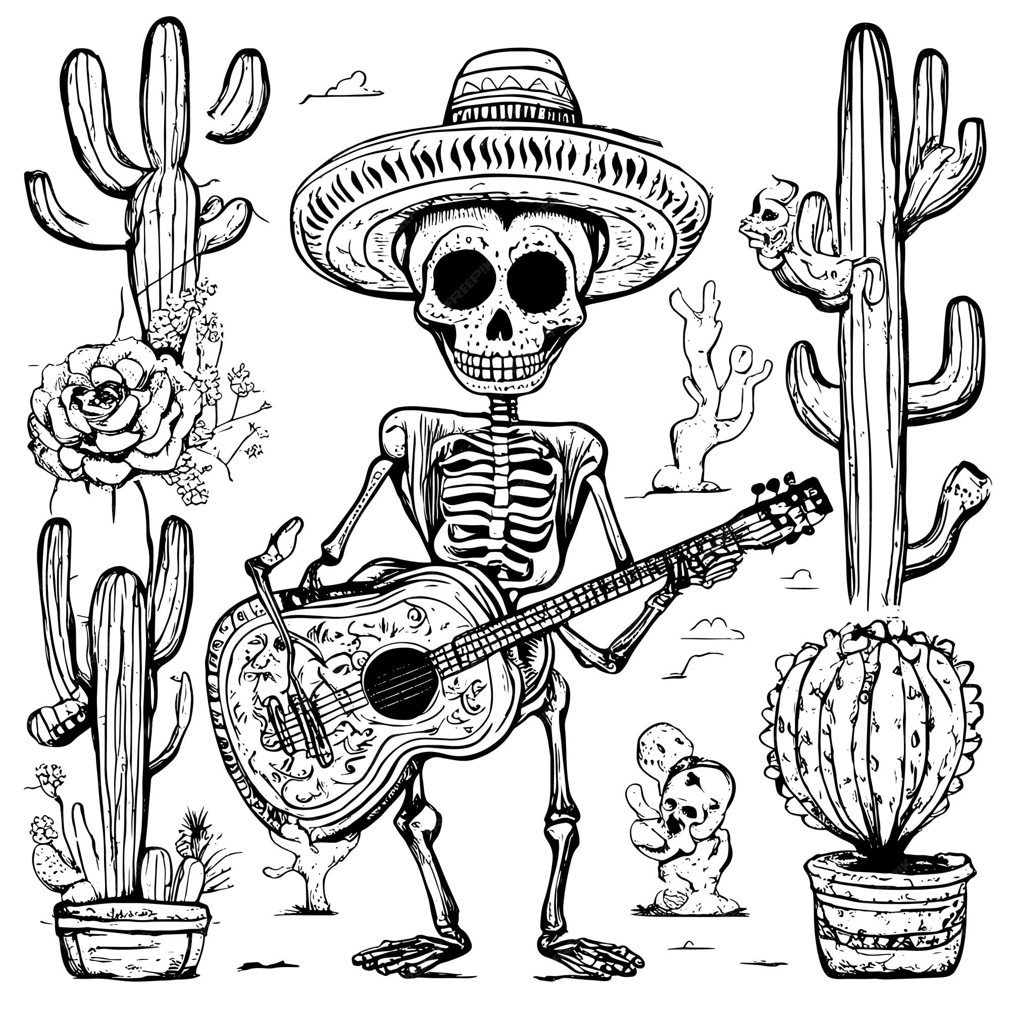 Premium vector sketch day of the dead dia de los muertos skeleton in mexican national costumes dance sing and play