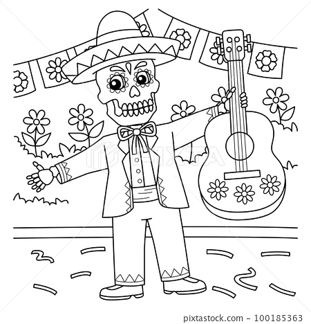 Cinco de mayo skeleton holding guitar coloring