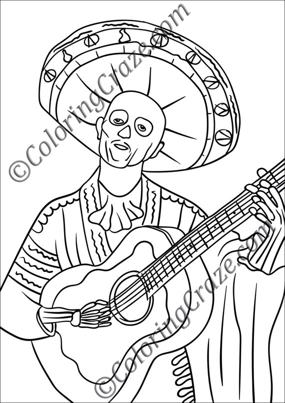 Day of the dead coloring page digital printable pdf illustration dia de los muertos art adult coloring books mexican guitar player