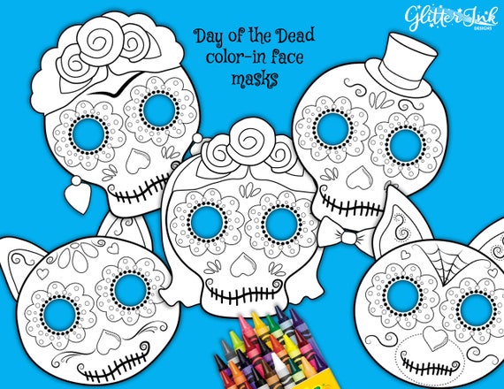 Day of the dead sugar skull mask coloring pages dia de los muertos photo booth props calavera halloween face mask calacas cat skull mask
