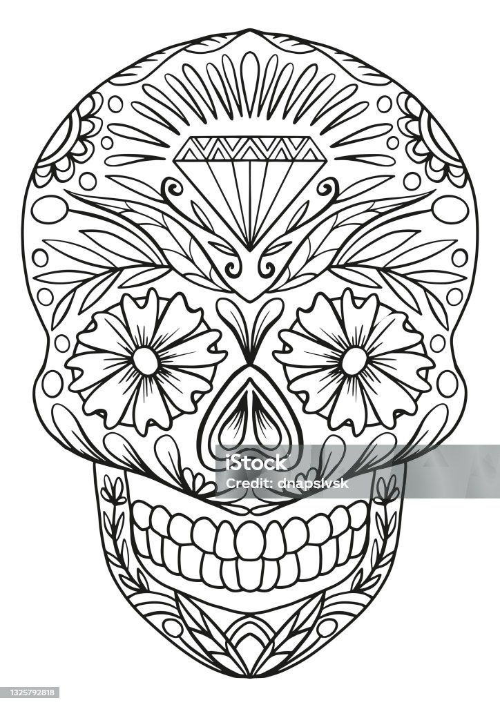 Day of the dead mexican festival coloring pages on a white background with skull with flowers and diamond vector stock illustration