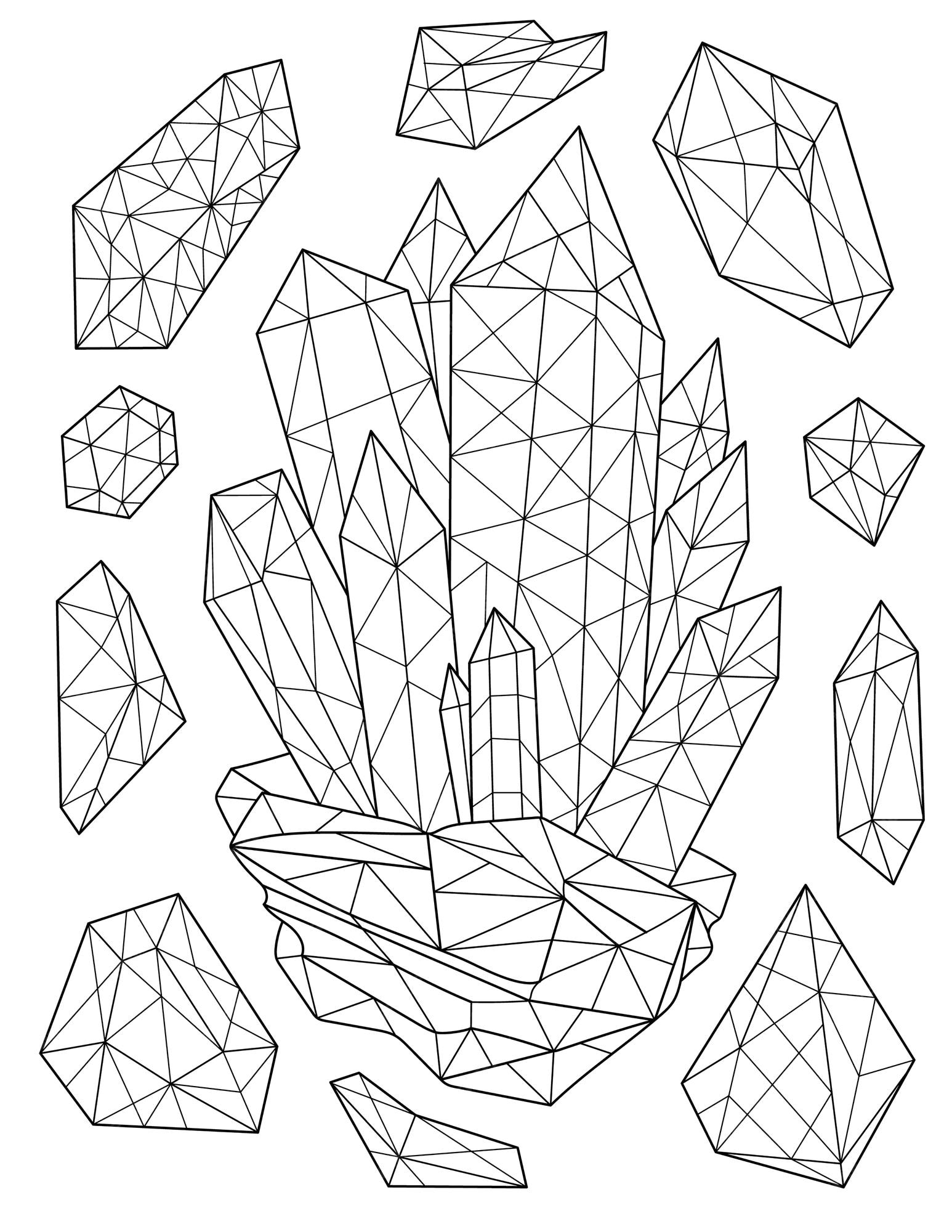Premium vector coloring book page with detailed diamonds sheet to be colored with jewel ornamets big precious stones with little ones all over in background