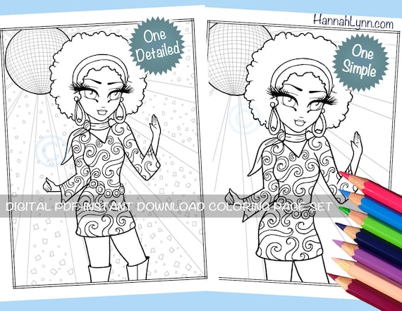 Disco diana gogo boots coloring page set cute s big eye whimsy girls historical character line art pdf download printable hannah lynn