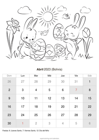 Calendario abril para imprimir bolivia