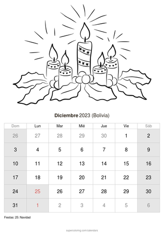 Calendario diciembre para imprimir bolivia