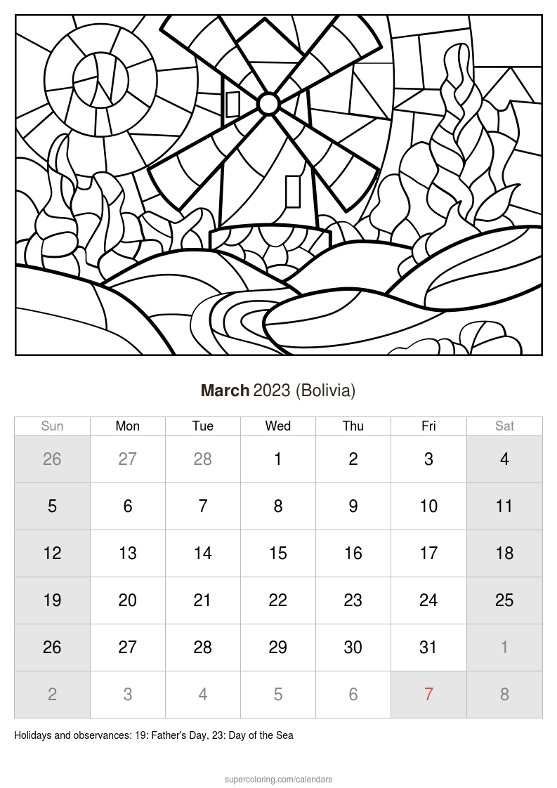 Calendario marzo para imprimir bolivia