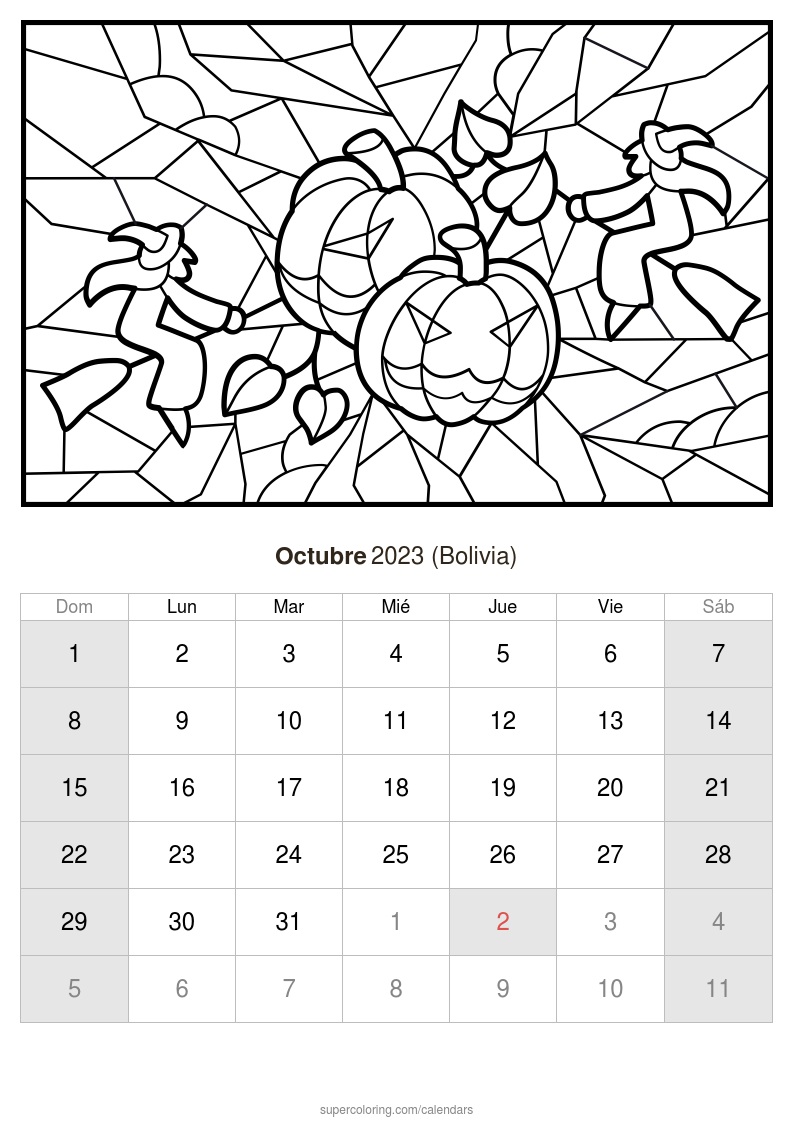 Calendario octubre para imprimir bolivia