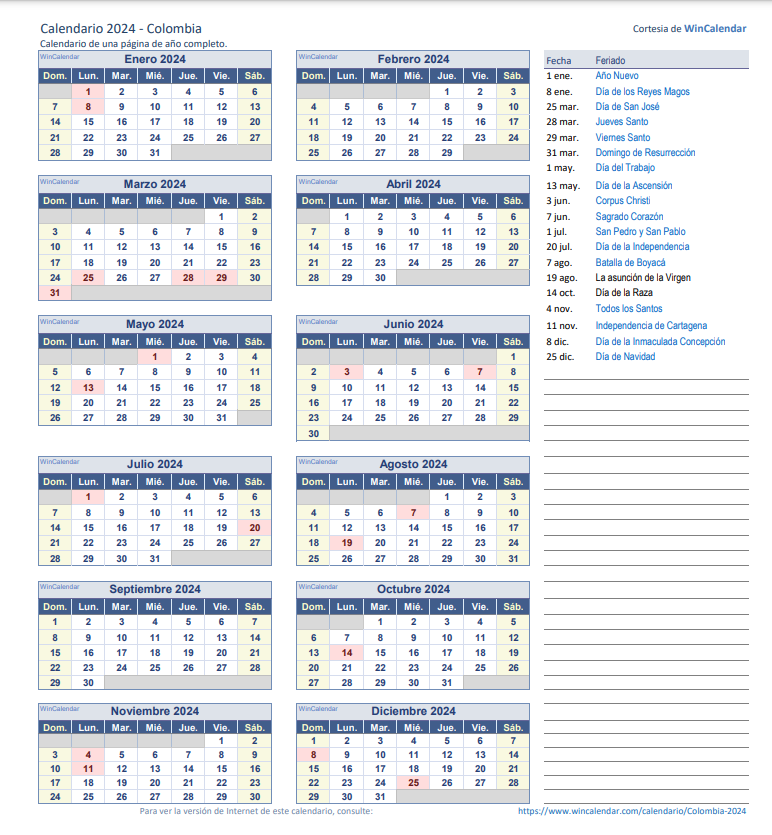 Calendario en pdf para imprimir con festivos