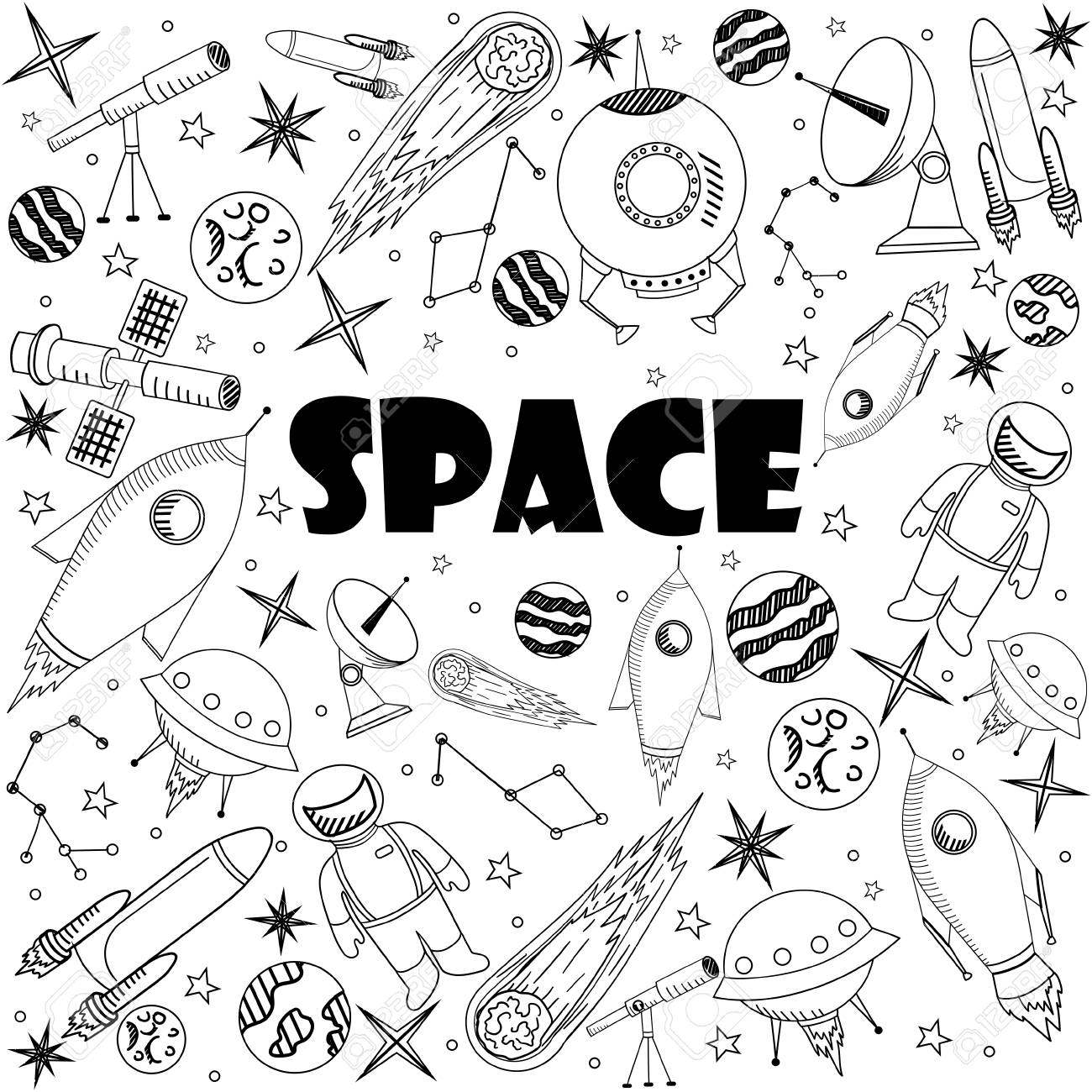 Space coloring book line art design vector illustration separate objects hand drawn doodle design elements royalty free svg cliparts vectors and stock illustration image