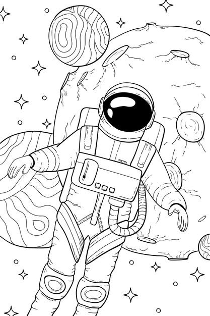 Premium vector astronaut in space coloring book dibujos del espacio libros para colorear adultos dibujos bonitos