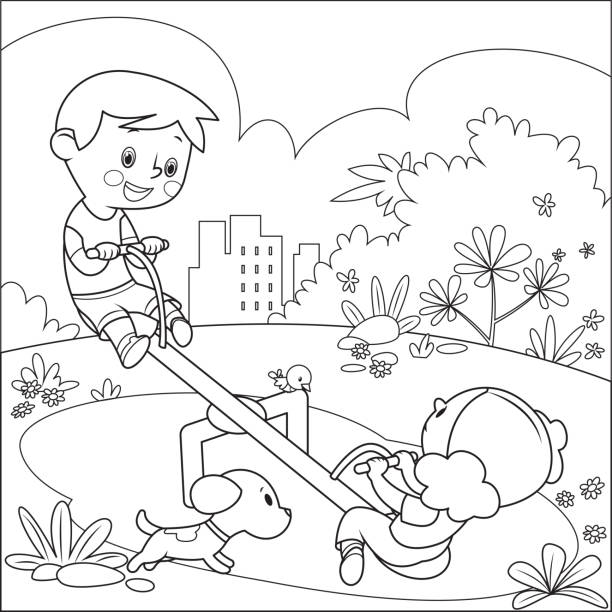 Coloring book cute kids having fun on seesaw at playground stock illustration