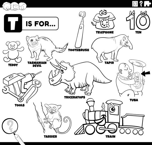 Ilustraciãn de letra t palabras conjunto educativo dibujo del libro para colorear y mãs vectores libres de derechos de colorear