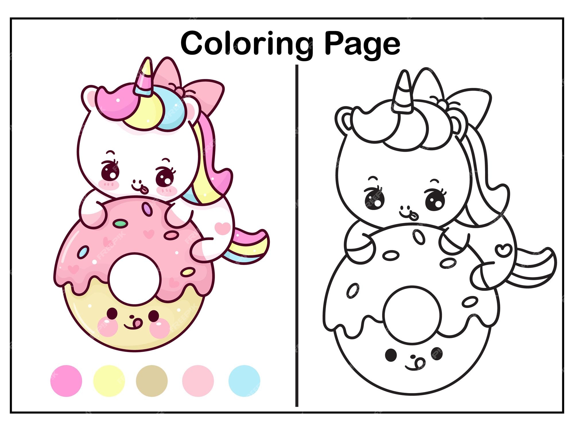 Premium vector cute unicorn coloring with yummy donut kawaii worksheet
