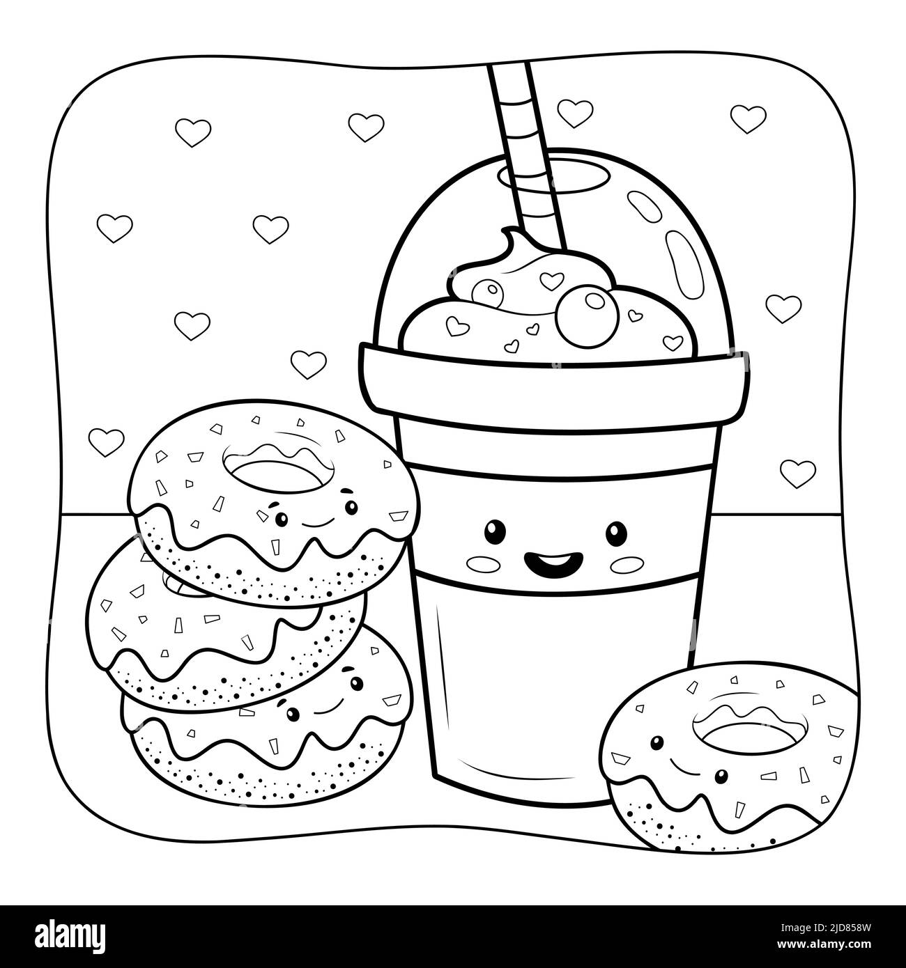 Donuts and drink black and white coloring book or coloring page for kids nature background vector illustration stock vector image art