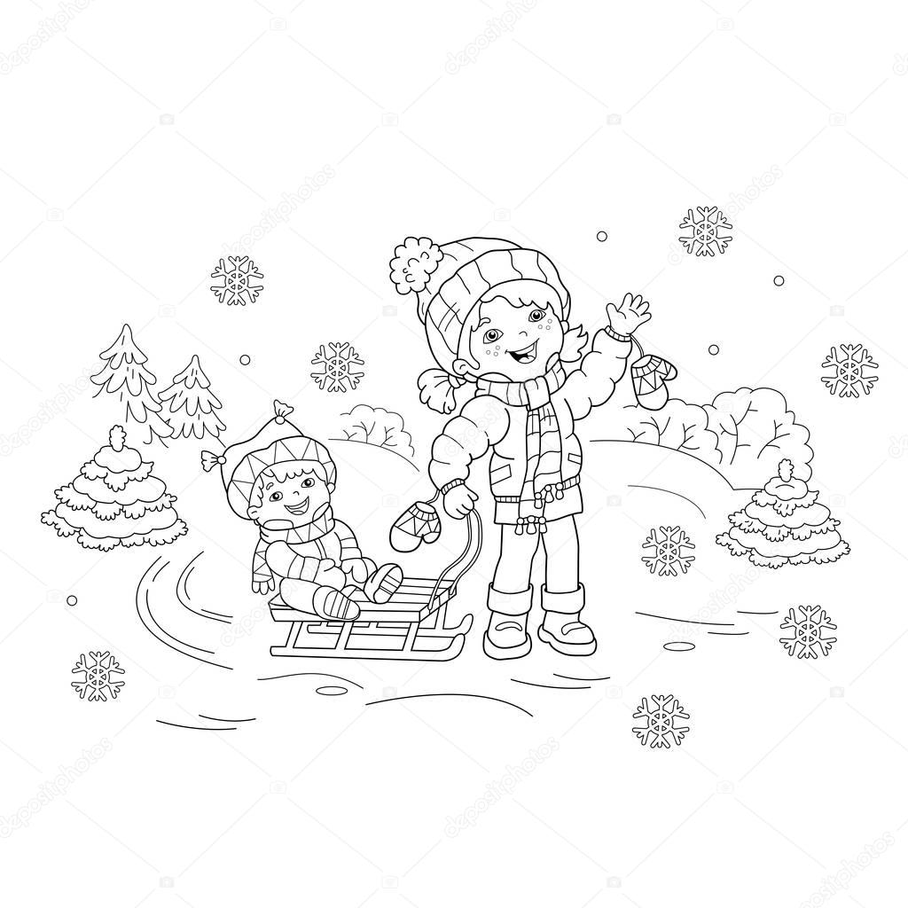 Pãgina para colorear esquema de la chica de dibujos animados con hermano trineo el invierno libro para colorear para niãos vector de stock de oleon
