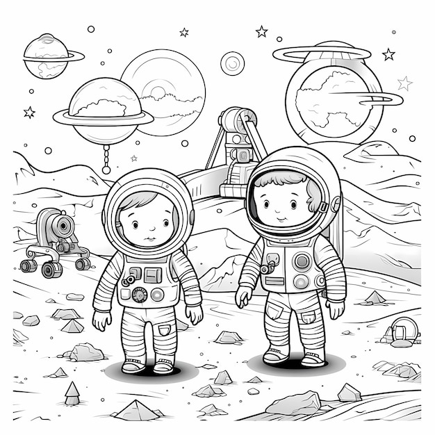 Crear pãgina para colorear para niãos de un viaje a la luna con astronautas y aterrizador lunar foto premium