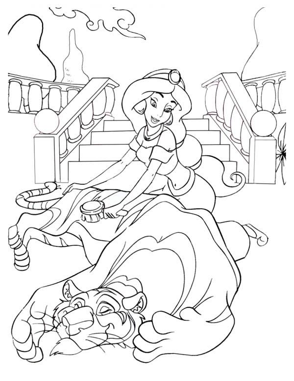 Princess jasmine brush rajah fluffy hair coloring page princess coloring pages coloring pages disney princess coloring pages