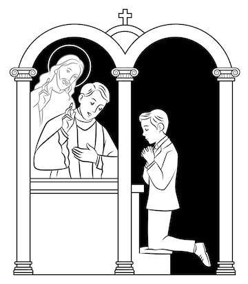 Premium vector black and white vector illustration of the sacrament of penance