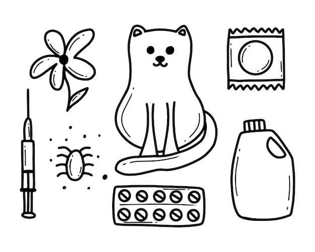 Colecciãn de alãrgenos alergia a gatos flor drogas polvovector ilustraciãn tilo doodle vector premium