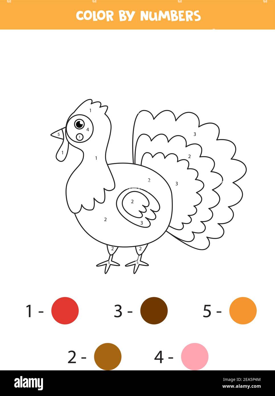 Pãgina de colorear con el pavo de dibujos animados lindo color por nãºmeros juego de matemãticas para niãos imagen vector de stock