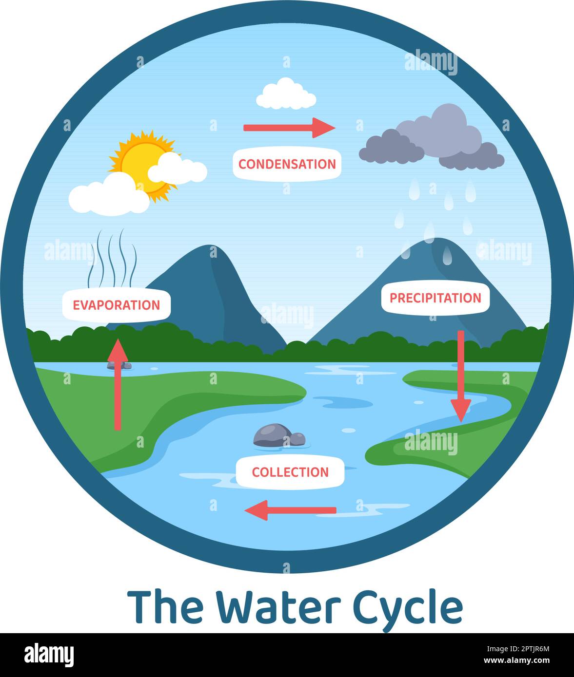 Agua ciclo de evaporaciãn condensaciãn precipitaciãn para la recolecciãn en la tierra entorno natural en dibujos animados planos dibujo a mano ilustraciãn de la plantilla imagen vector de stock