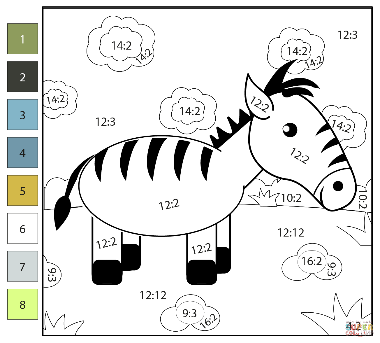 Division color by number zebra free printable coloring pages