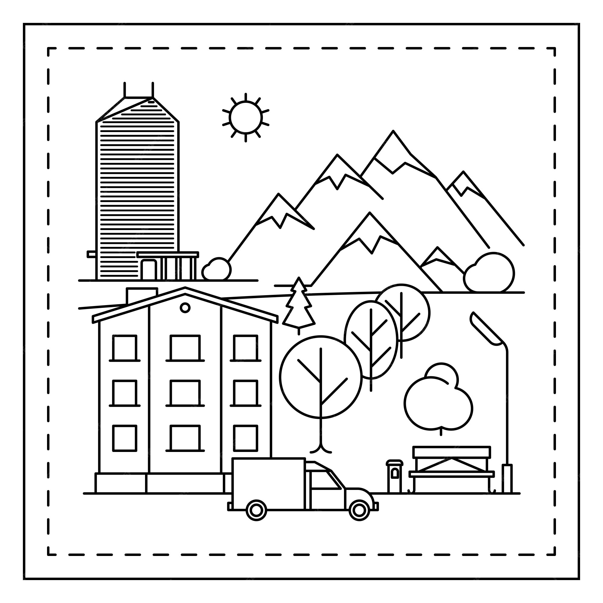 Premium vector city landscape coloring page for kids