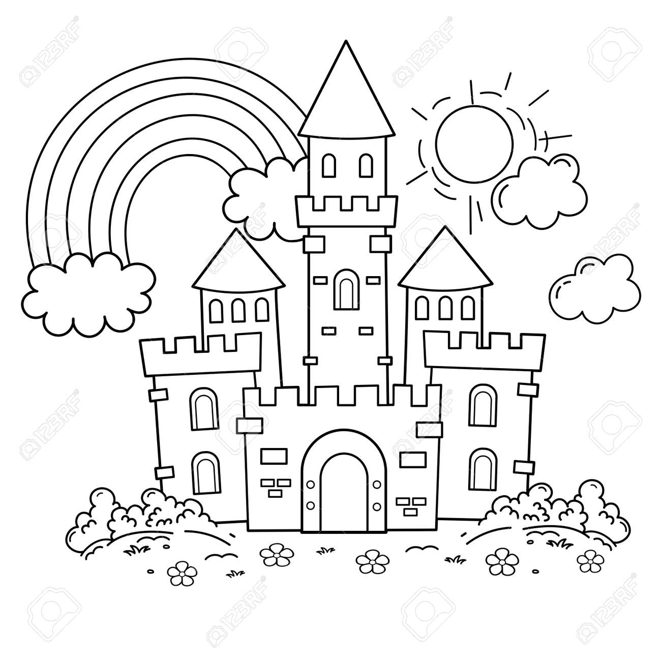 Coloring page outline of cartoon fairy tale castle beautiful royal palace coloring book for kids royalty free svg cliparts vectors and stock illustration image
