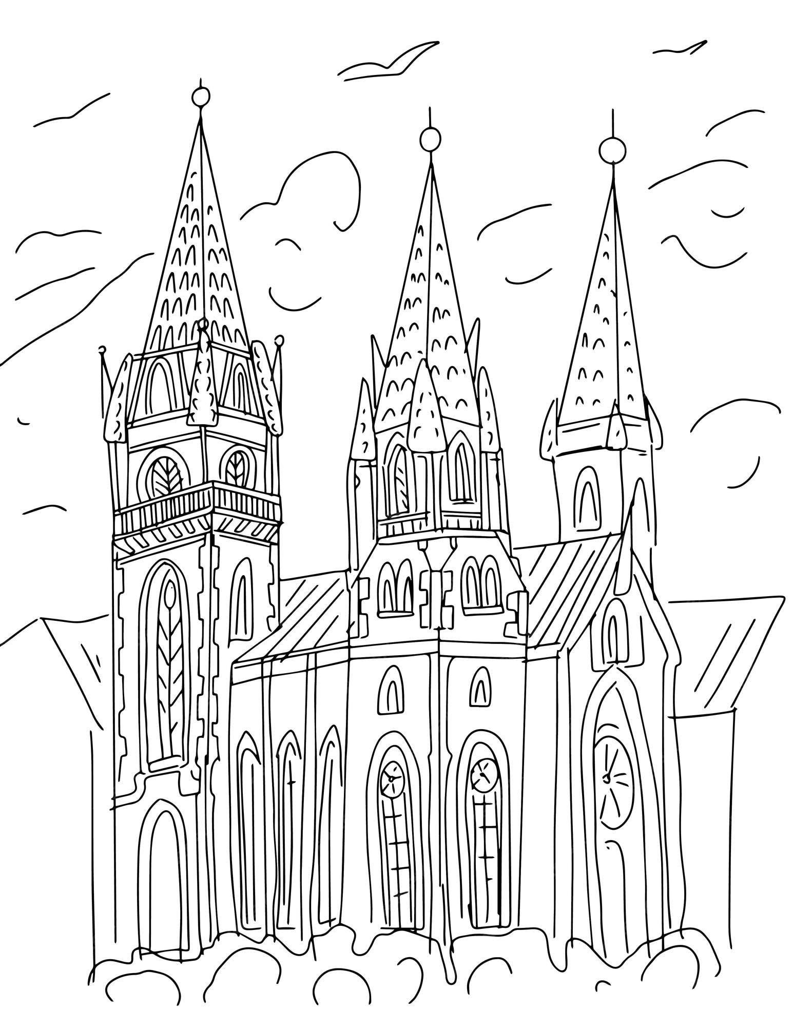 Catedral castillo palacio edificio histãrico arquitectura lãnea para colorear grãfico dibujado a mano vector premium
