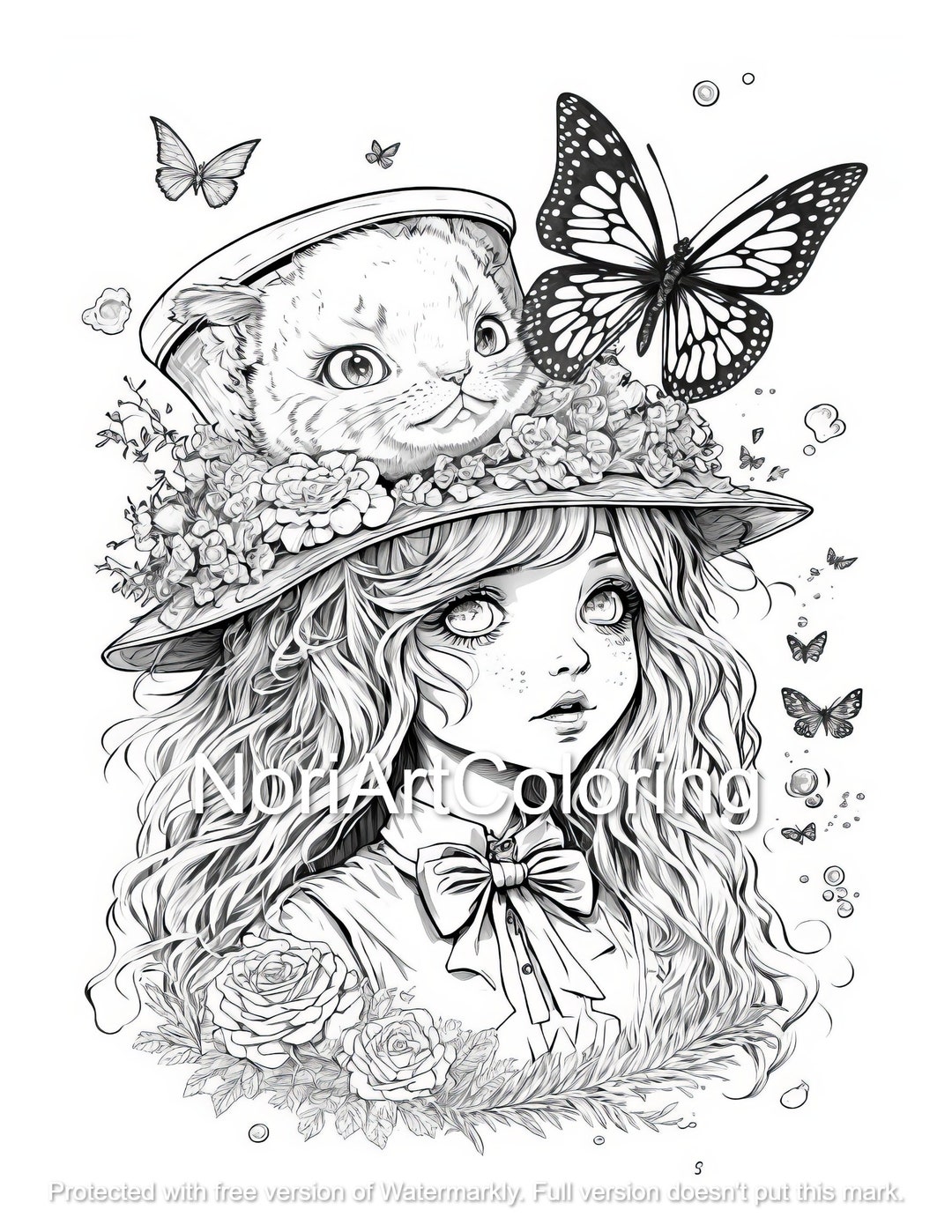 Anime alice in wonderland with cheshire cat coloring page printable adult coloring pages download black and white illustration
