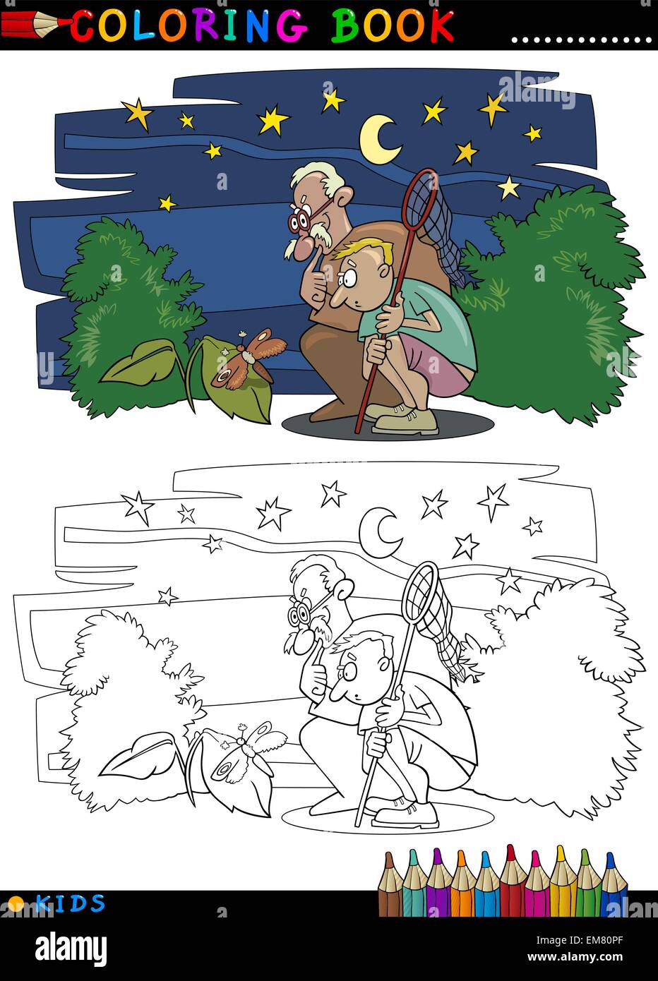 Nião con el abuelo para colorear imagen vector de stock