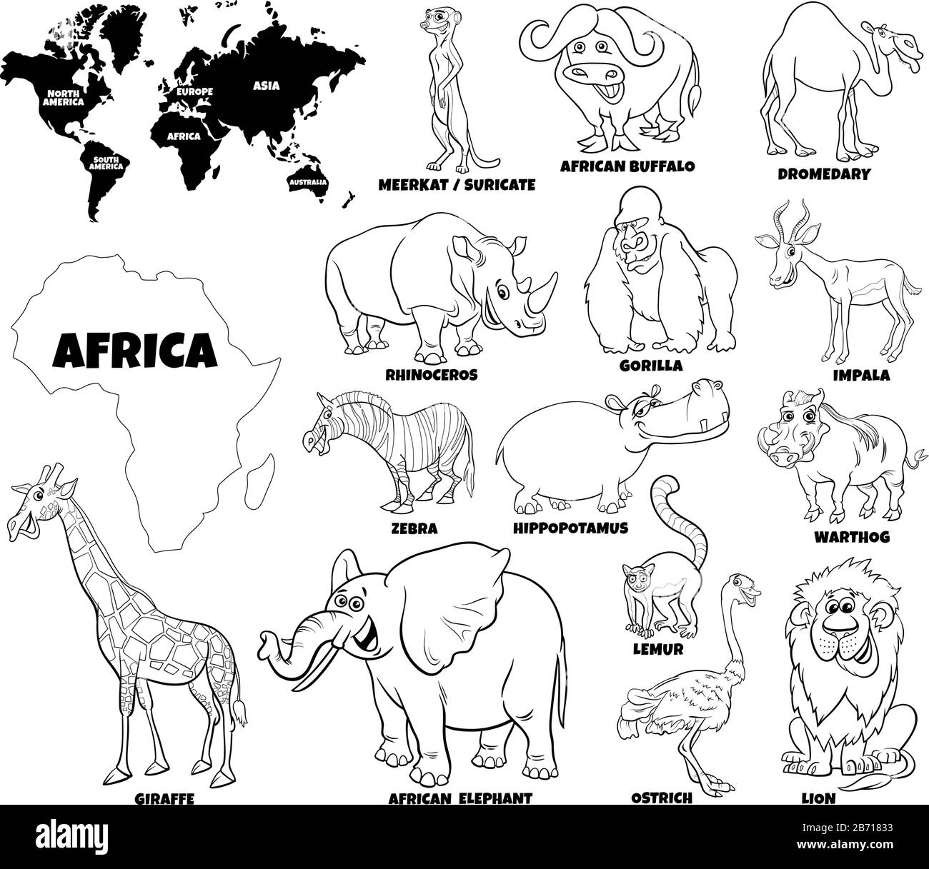 African animals coloring page set fotografãas e imãgen de alta roluciãn