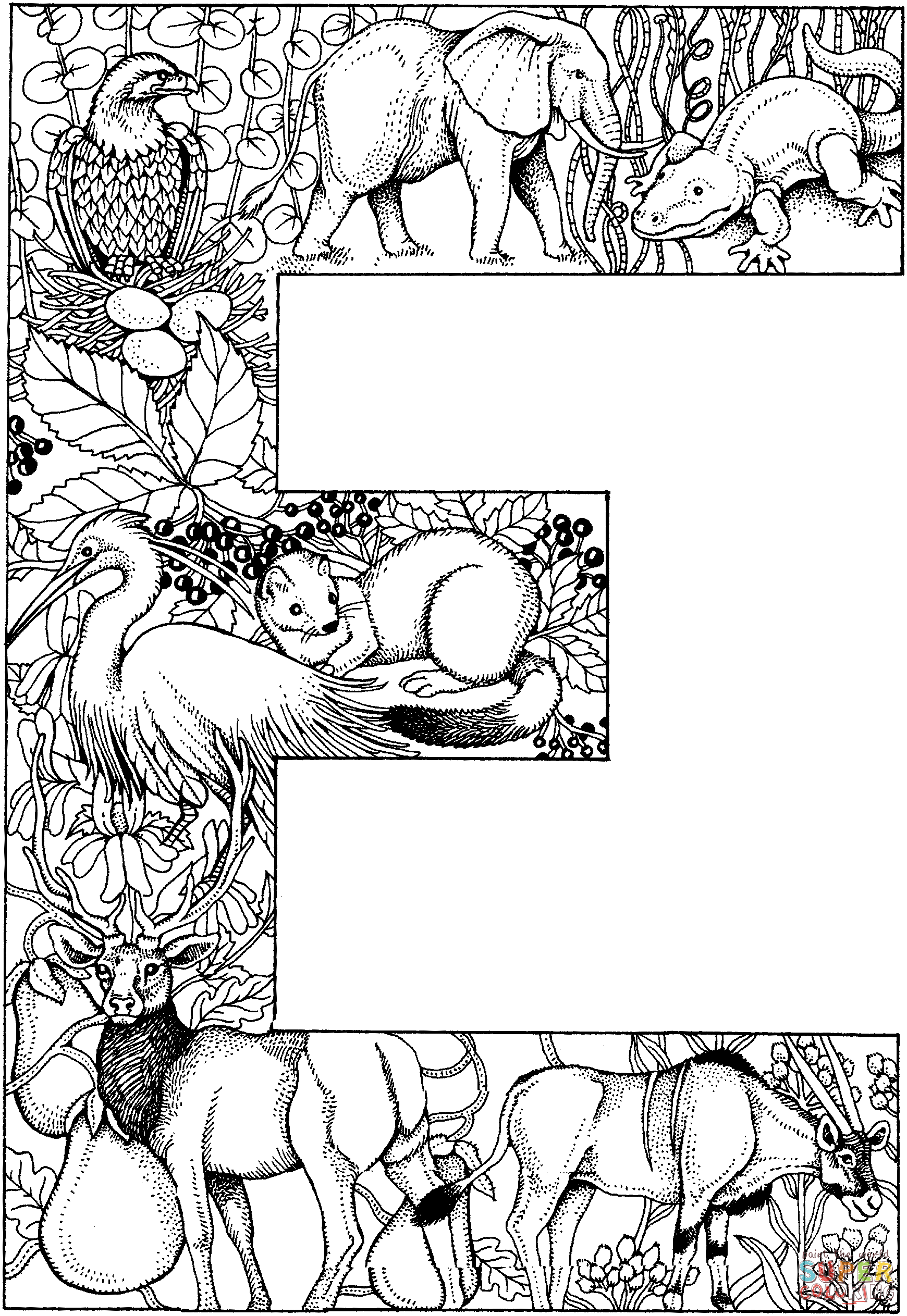 Letter e with animals coloring page free printable coloring pages